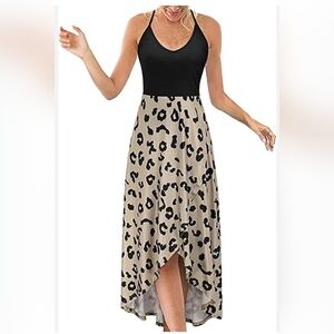 Women's Black and Tan Leopard Print Racerback Maxi Dress